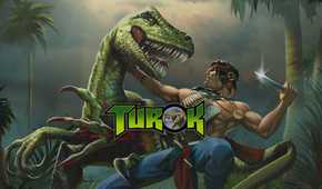 Turok with knife in combat with dinosaur