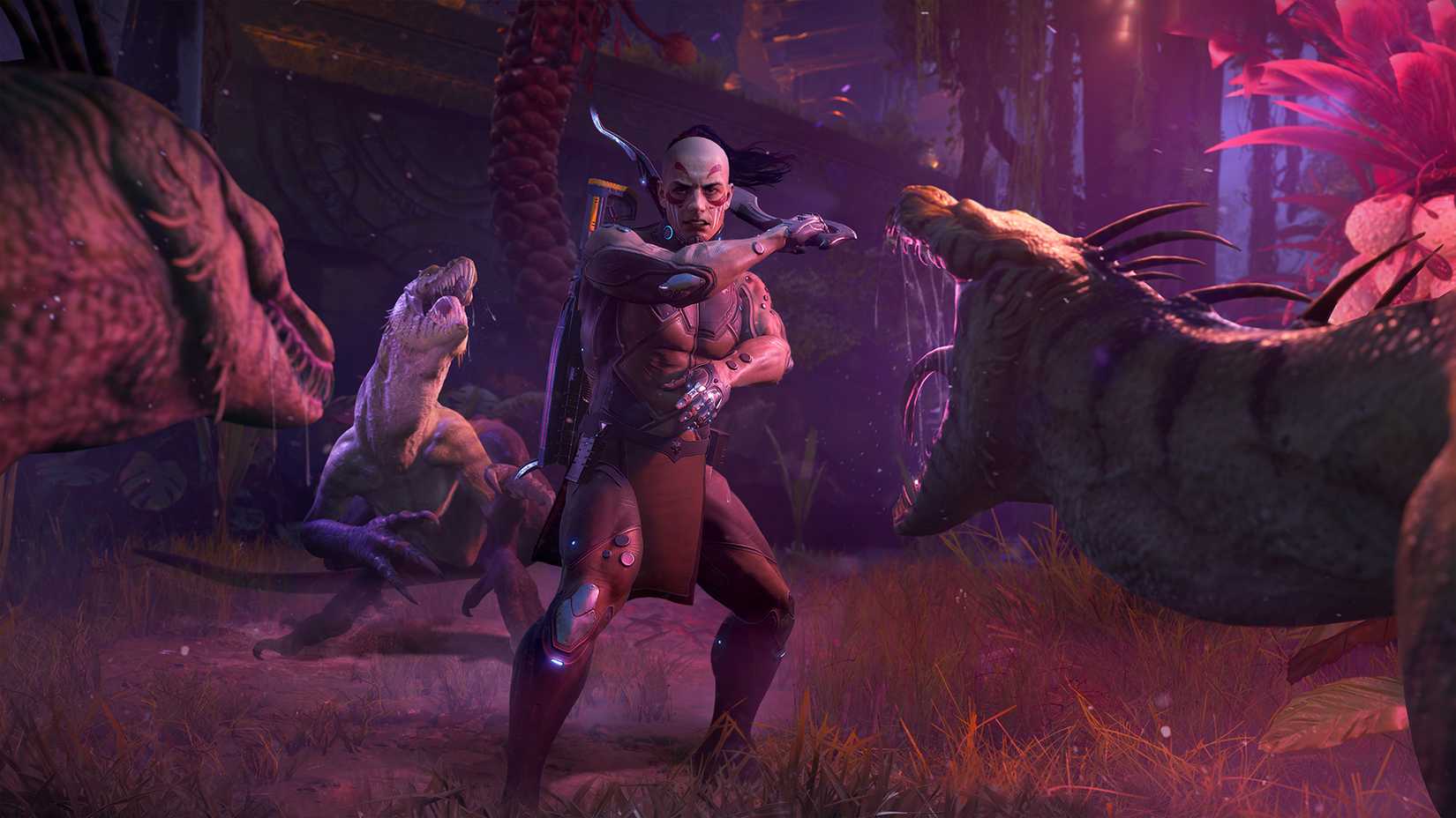 turok with knife surrounded by three dinosaurs