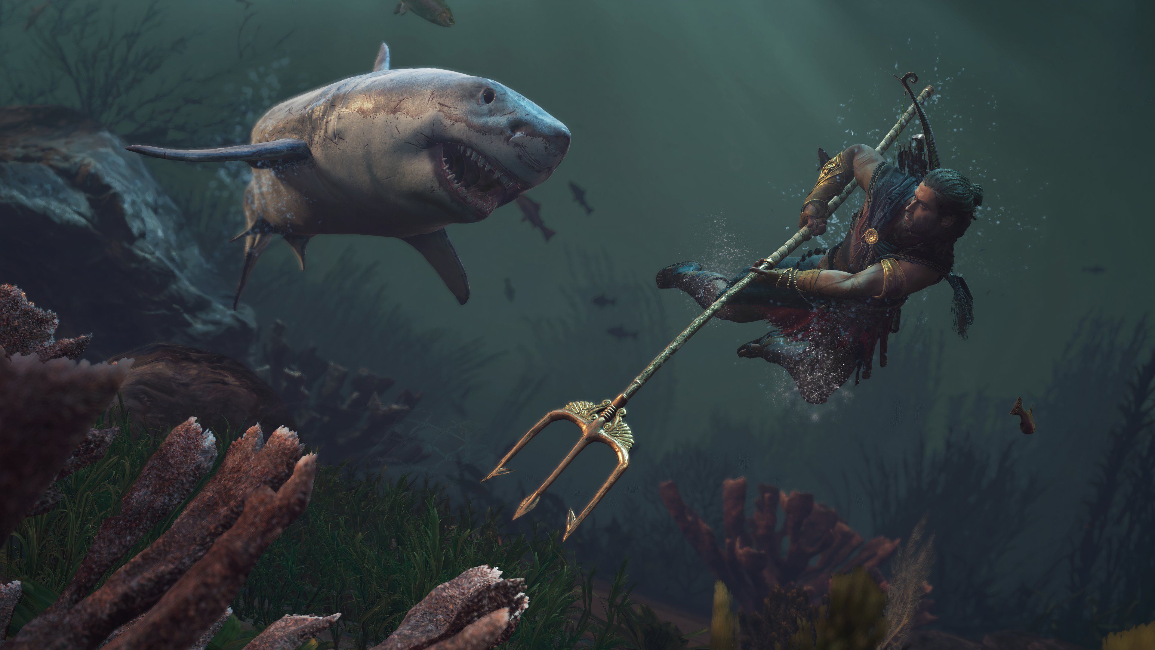 The male protagonist of Assassin's Creed Odyssey, under water and wielding a trident.
