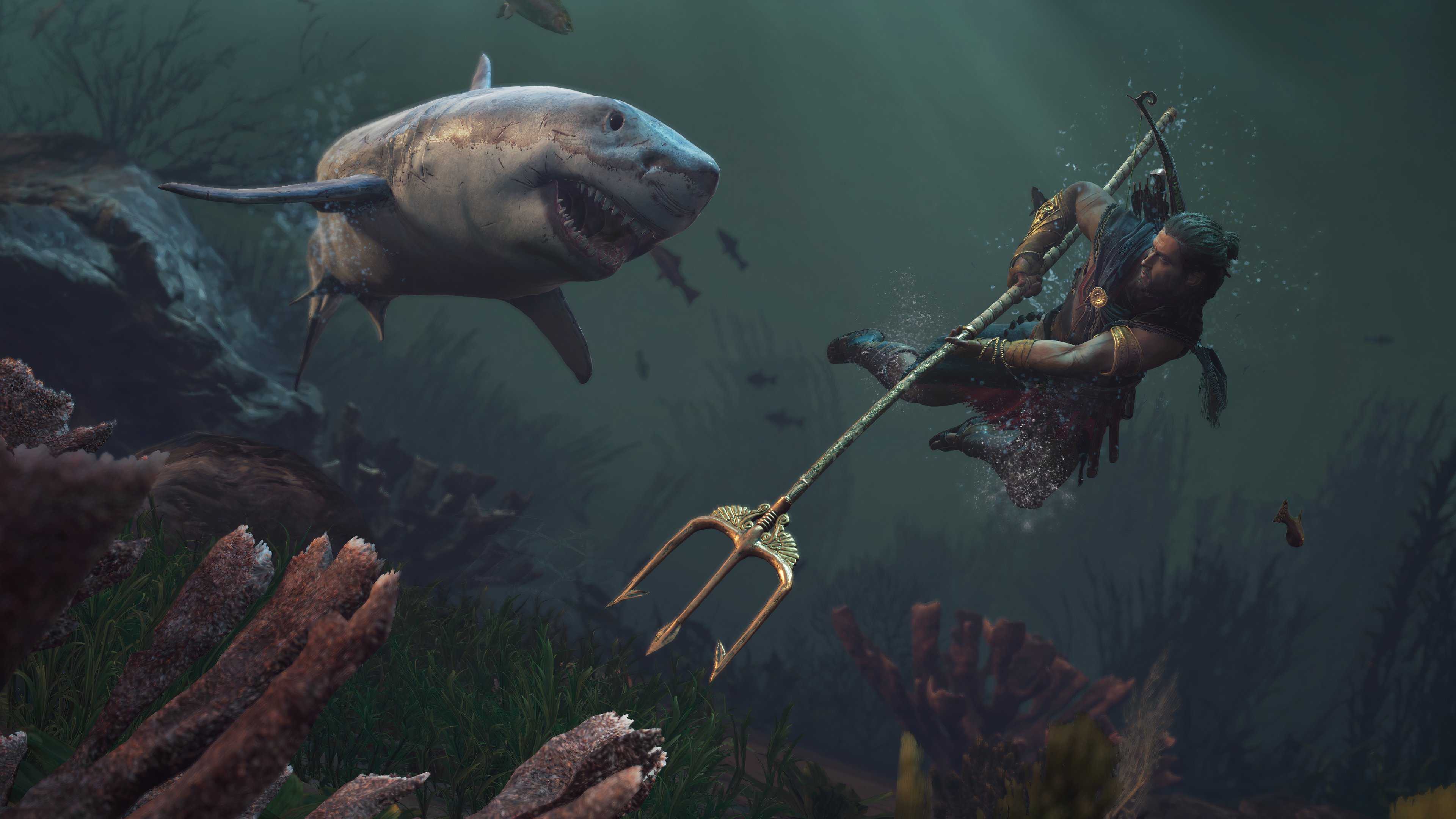 The male protagonist of Assassin's Creed Odyssey, under water and wielding a trident.