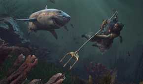 The male protagonist of Assassin's Creed Odyssey, under water and wielding a trident.