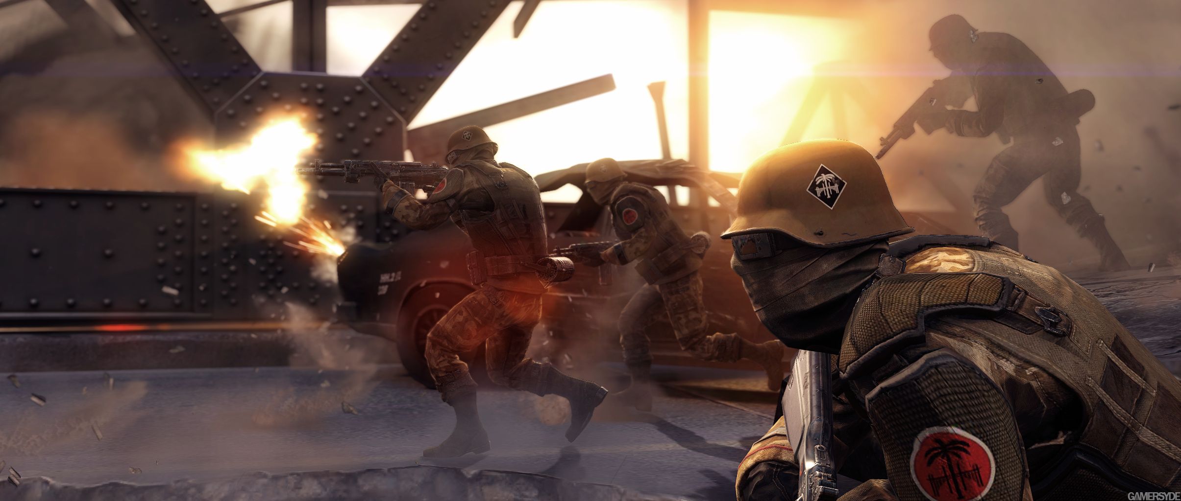 Four soldiers assaulting a bridge.