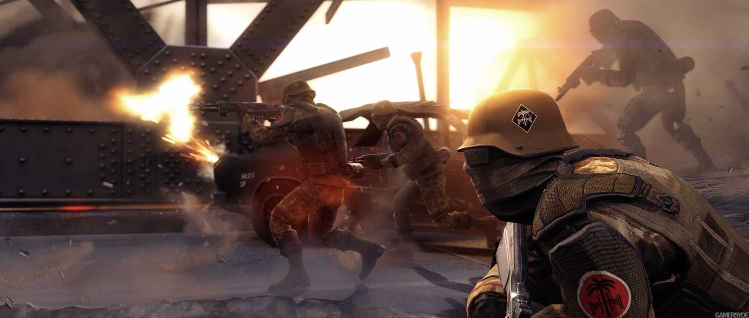 Four soldiers assaulting a bridge.