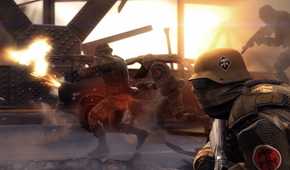 Four soldiers assaulting a bridge.