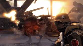Four soldiers assaulting a bridge.