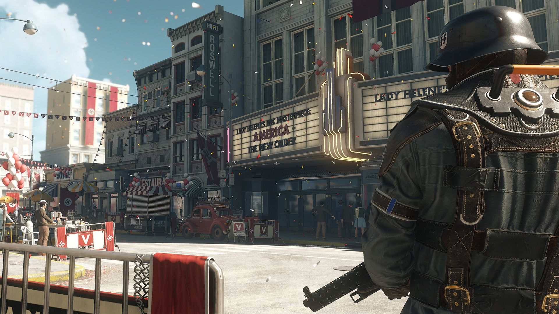 Soldier stands watch over a sunny parade.