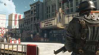 Soldier stands watch over a sunny parade.