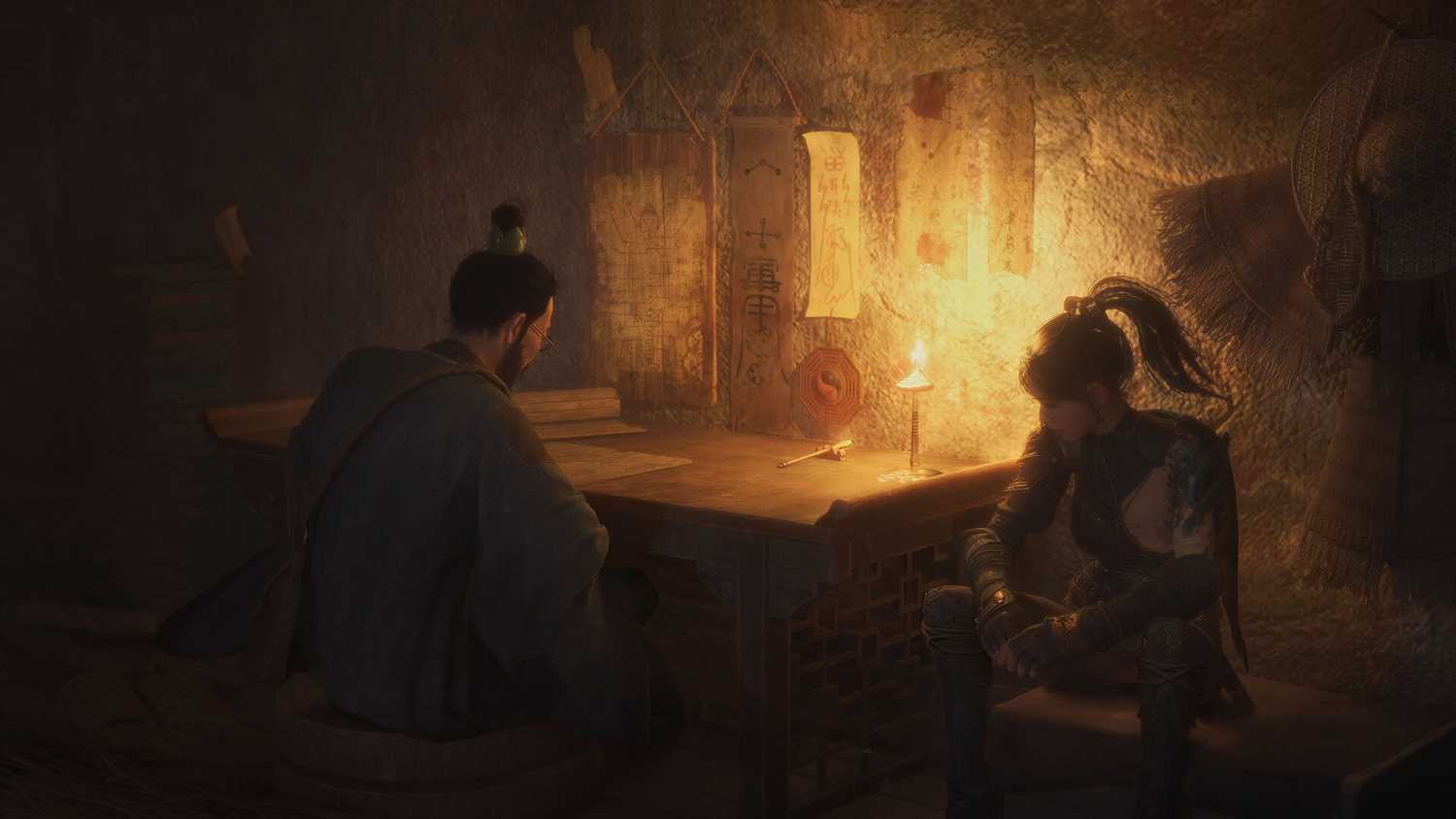 Wuchang-Fallen-Feathers-sitting-with-man