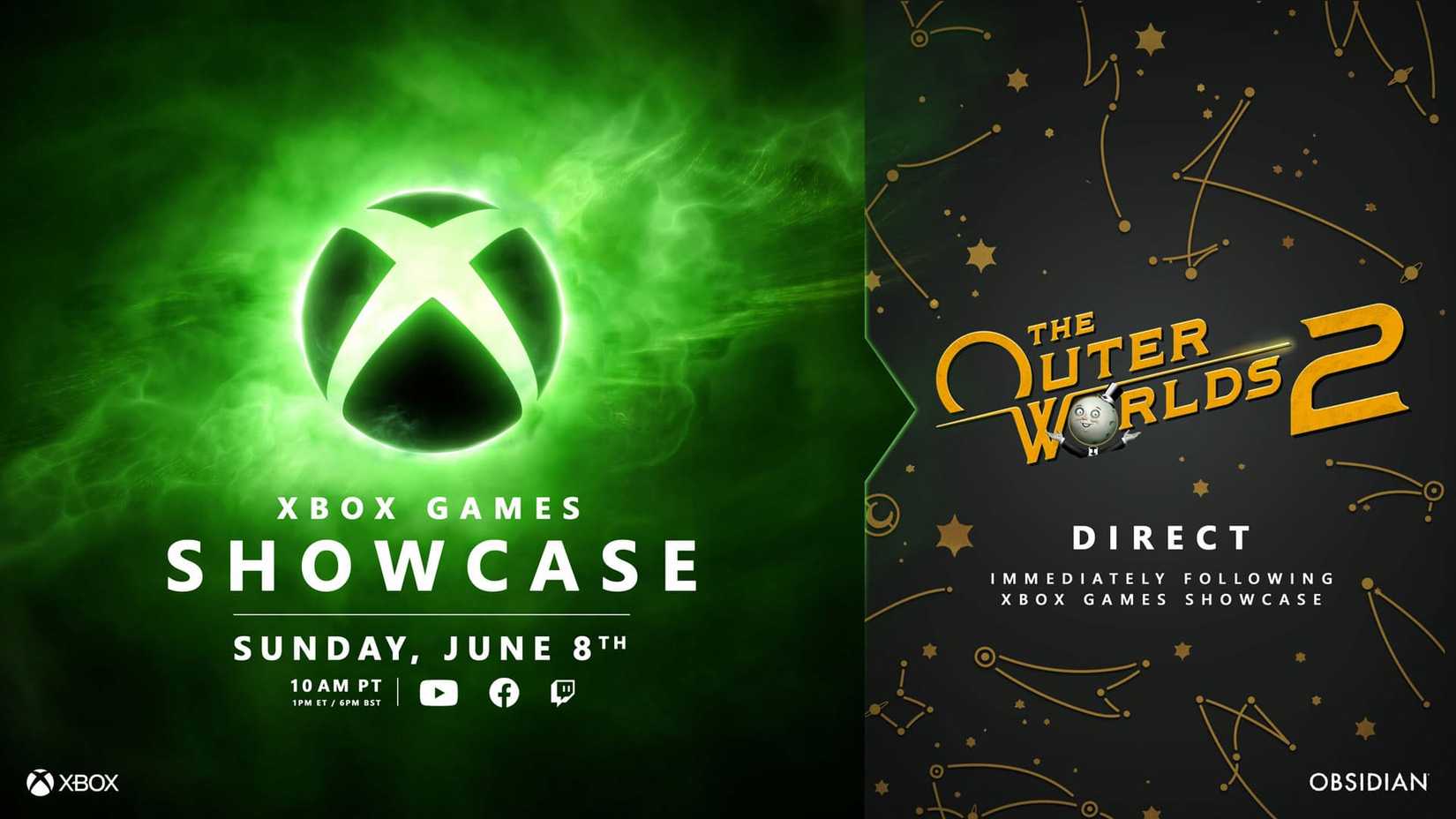 The image announcing the Xbox Games Showcase 2025 alongside The Outer Worlds 2 Direct.