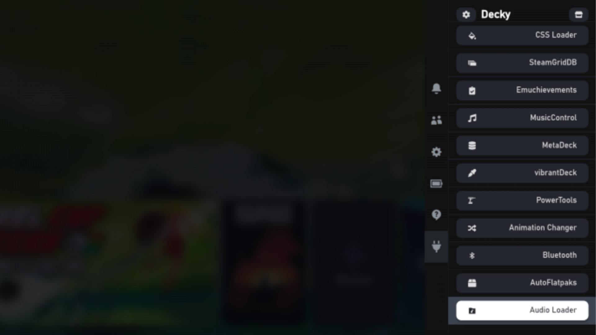 The Audio Loader tab in the Decky menu on Steam Deck