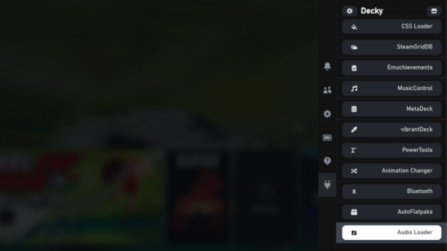 The Audio Loader tab in the Decky menu on Steam Deck
