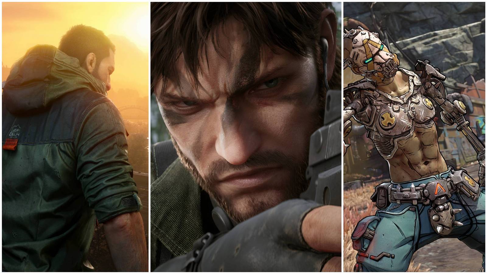 A collage of Dying Light: The Beast, Metal Gear Solid Delta: Snake Eater, and Borderlands 4.