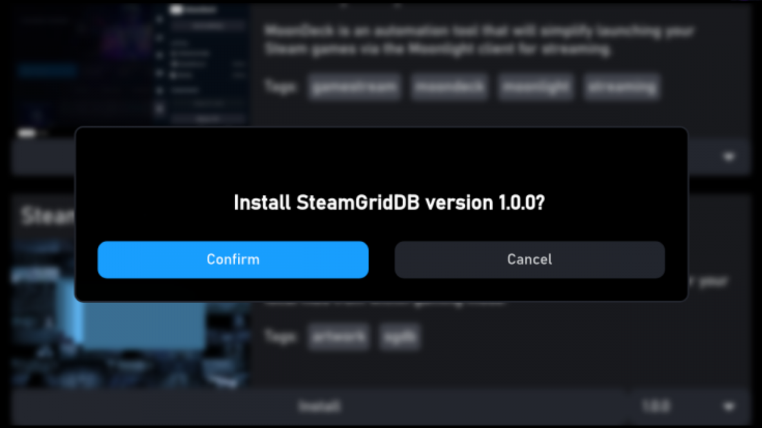 SteamGridDB confirm install notification
