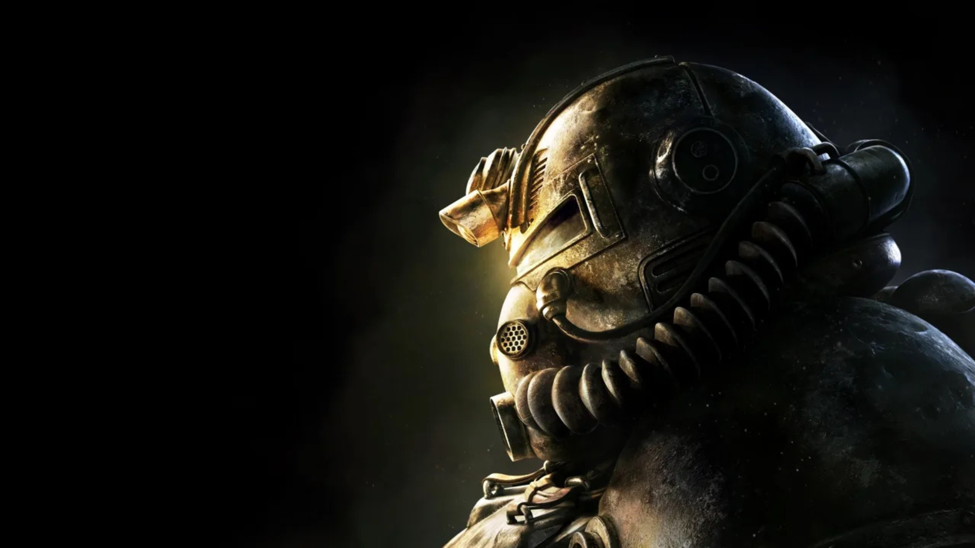 A power armor user against a black background