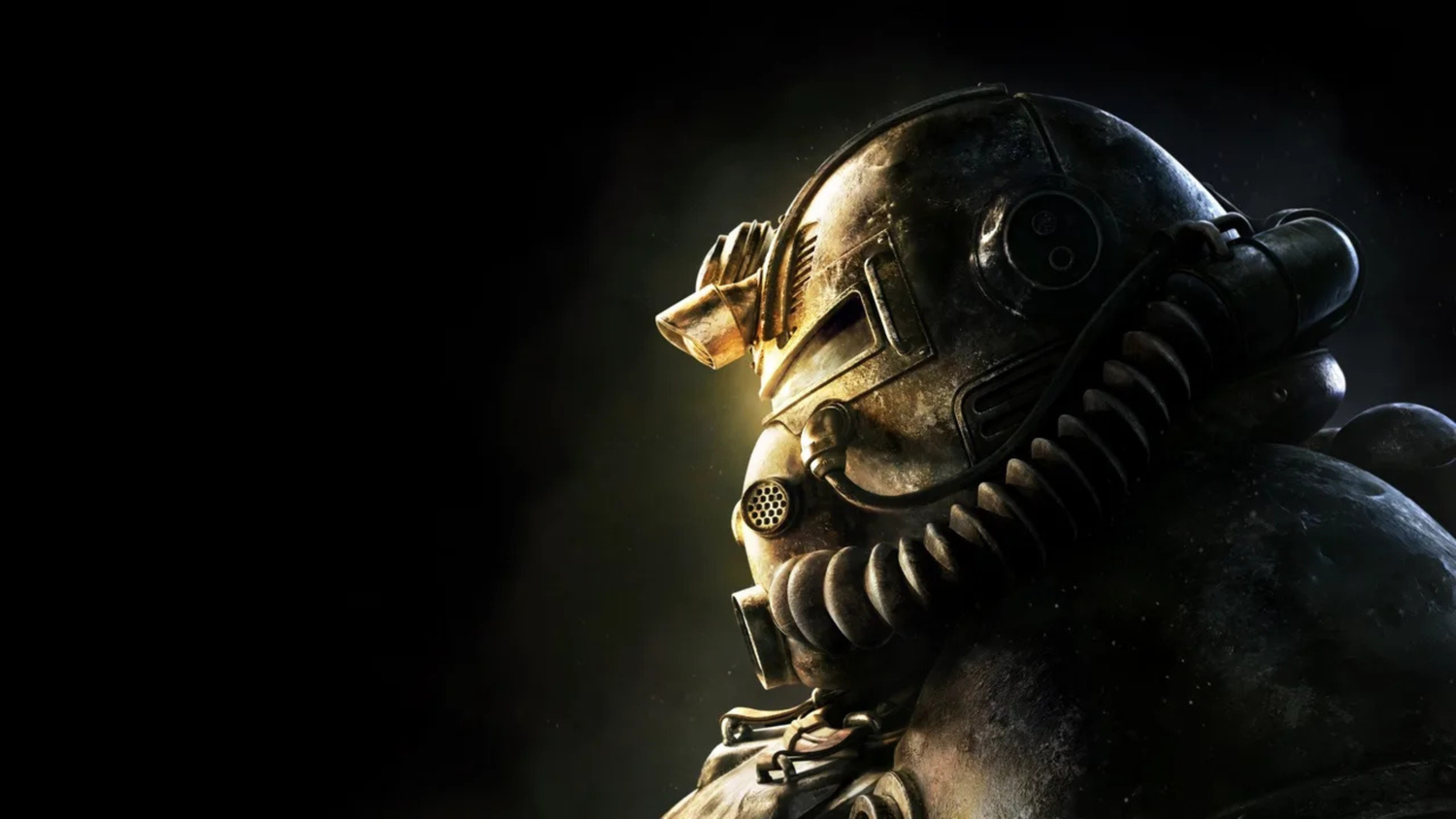 A power armor user against a black background