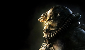 A power armor user against a black background