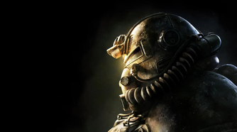A power armor user against a black background