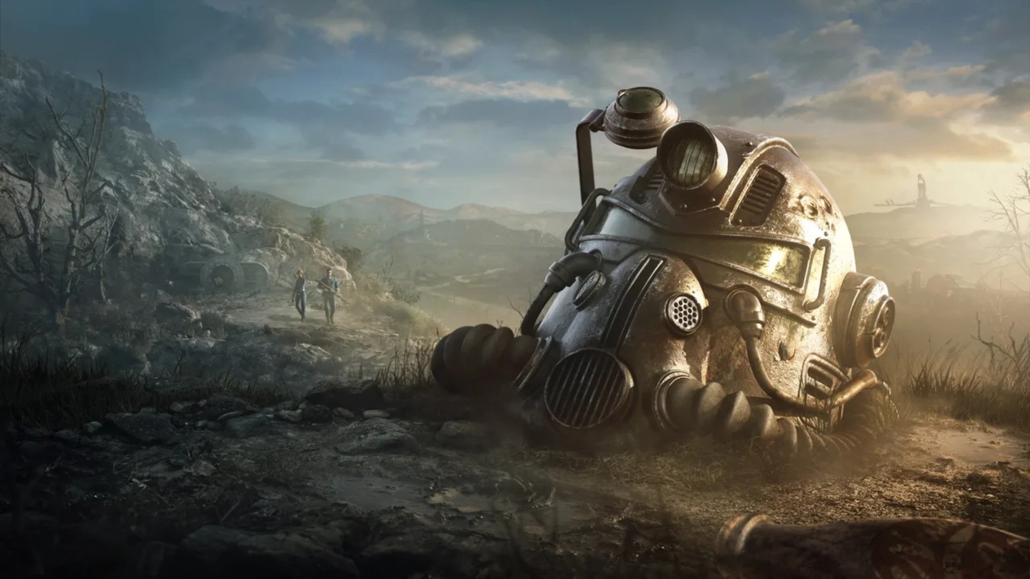 A power armor helmet sitting in the wasteland