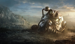 A power armor helmet sitting in the wasteland