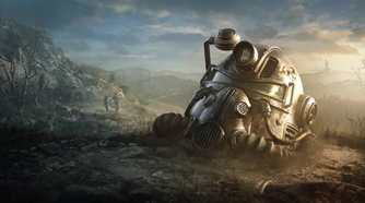 A power armor helmet sitting in the wasteland