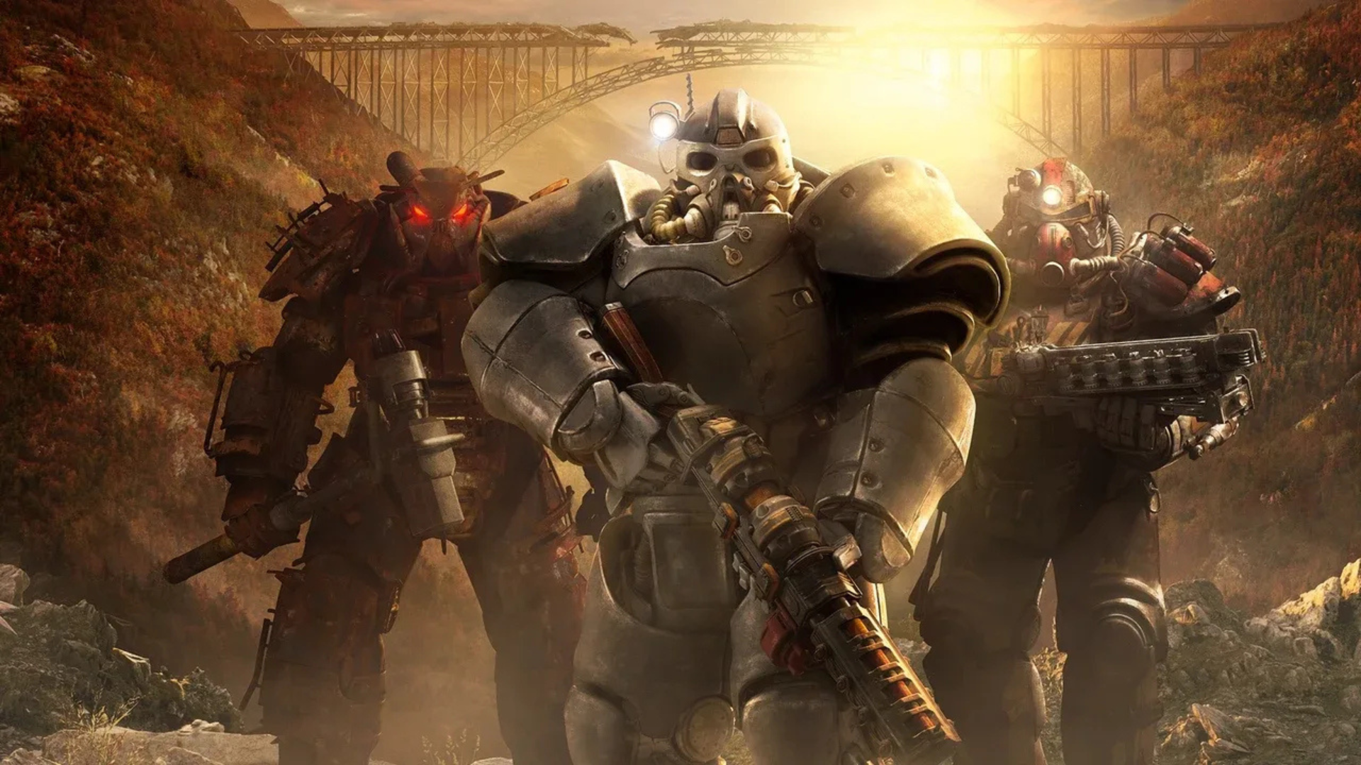 three people in the wasteland wearing power armor