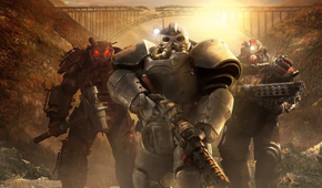 three people in the wasteland wearing power armor