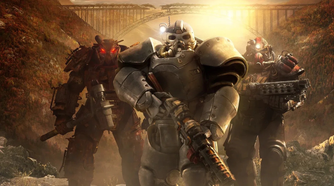 three people in the wasteland wearing power armor