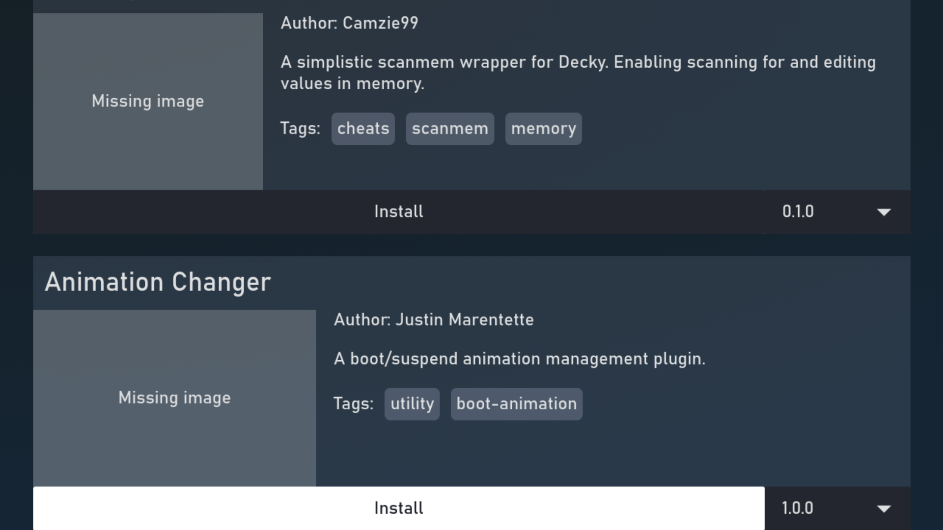 Animation Changer Install page on Decky