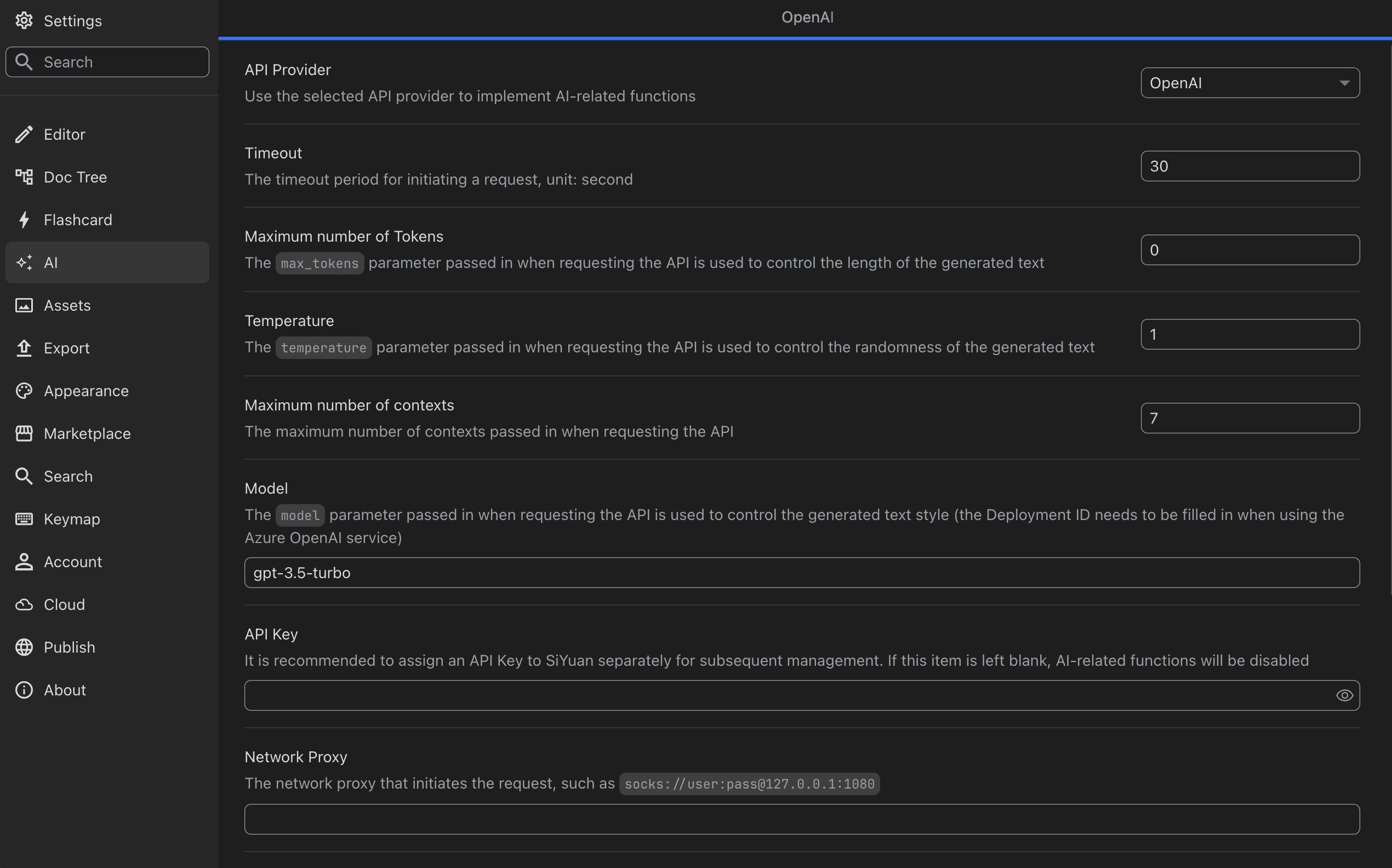 AI settings on SiYuan
