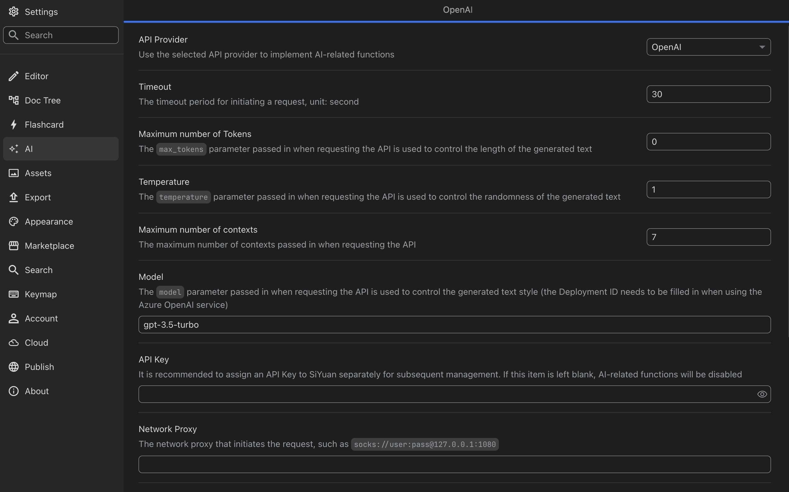 AI settings on SiYuan