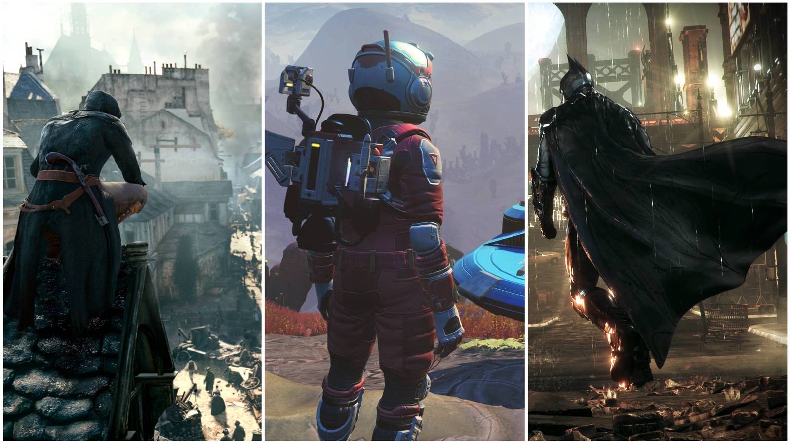An image of Arno Dorian from Assassin's Creed Unity, the player character from No Man's Sky, and Batman.