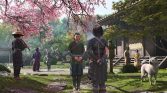 Assassin's Creed Shadows Characters standing under a cherry blossom