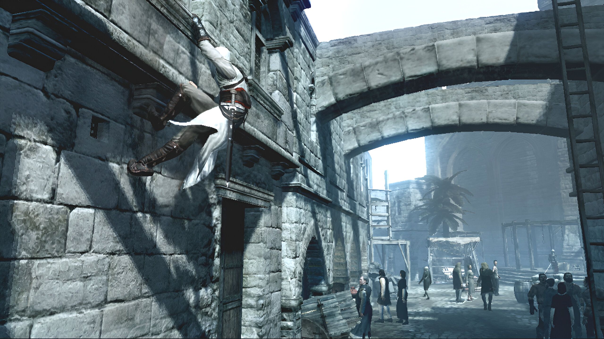 Altair grabbning onto a ledge in Assassin's Creed.