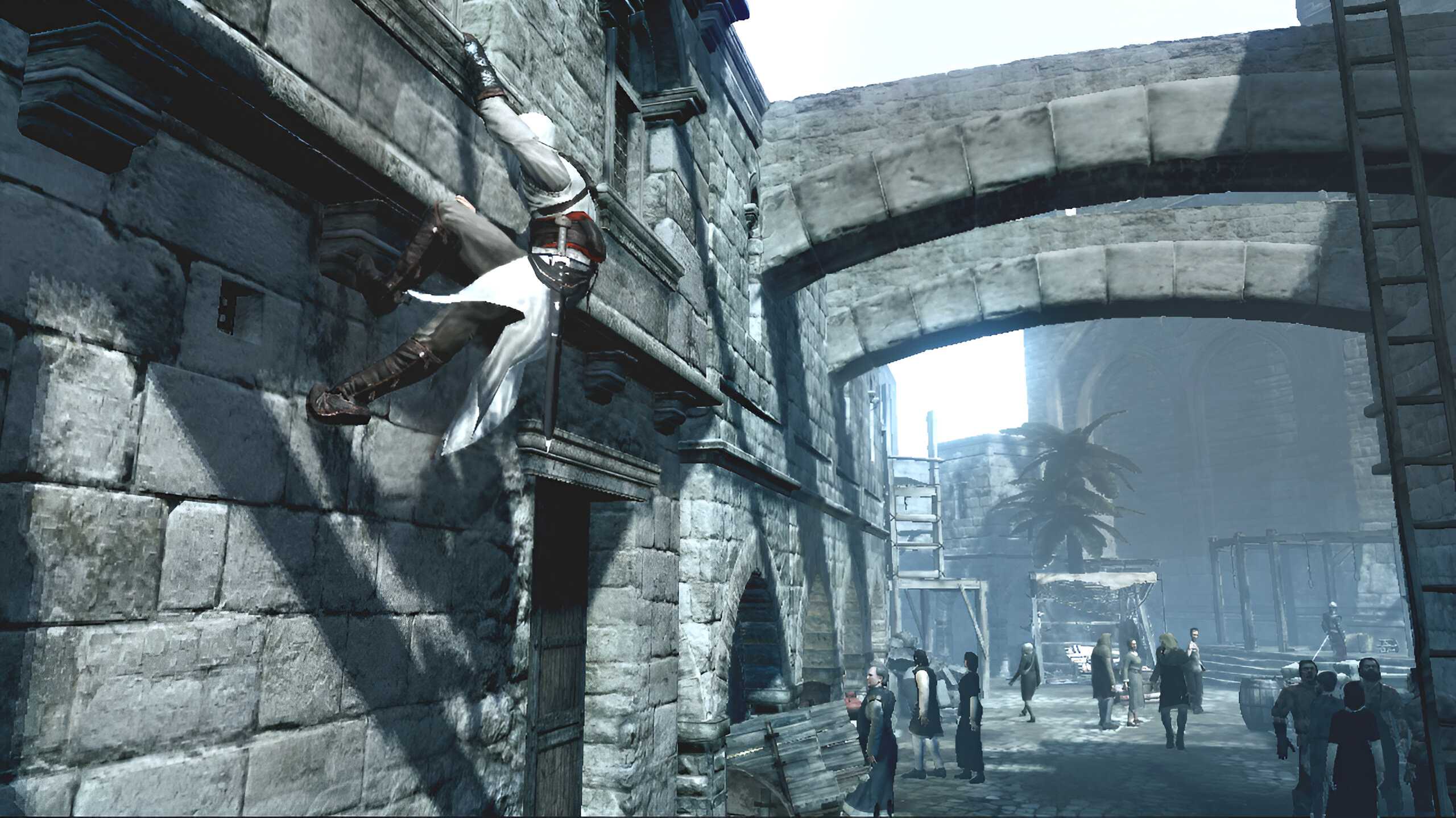 Altair grabbning onto a ledge in Assassin's Creed.