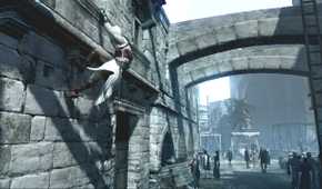 Altair grabbning onto a ledge in Assassin's Creed.