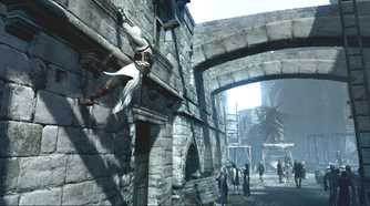 Altair grabbning onto a ledge in Assassin's Creed.