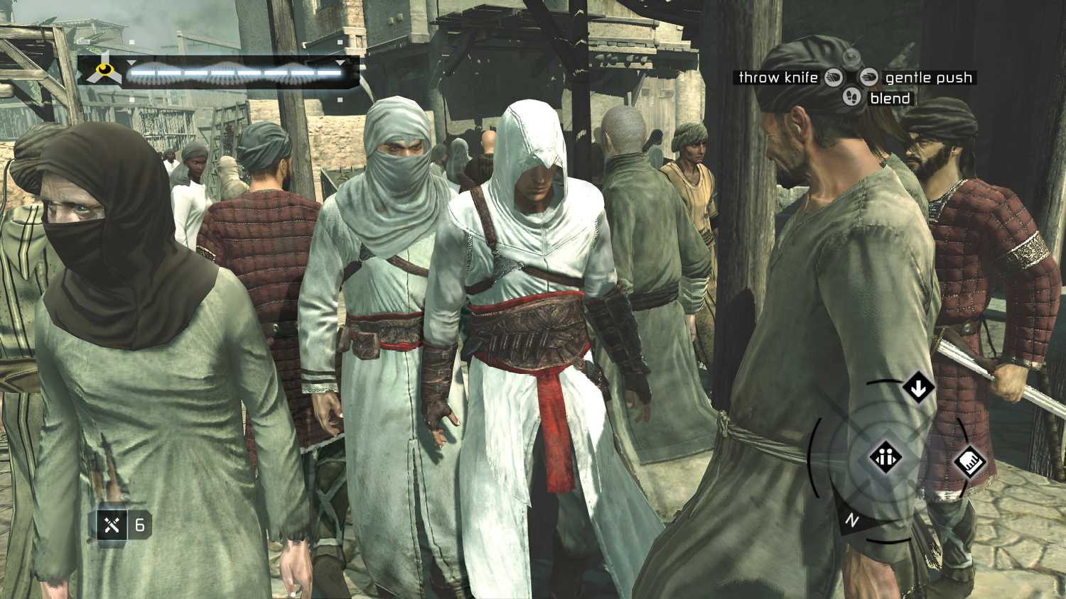 Altair walking through a group of people in Assassin's Creed.