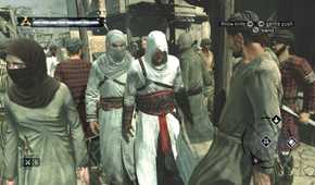 Altair walking through a group of people in Assassin's Creed.