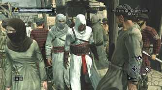 Altair walking through a group of people in Assassin's Creed.
