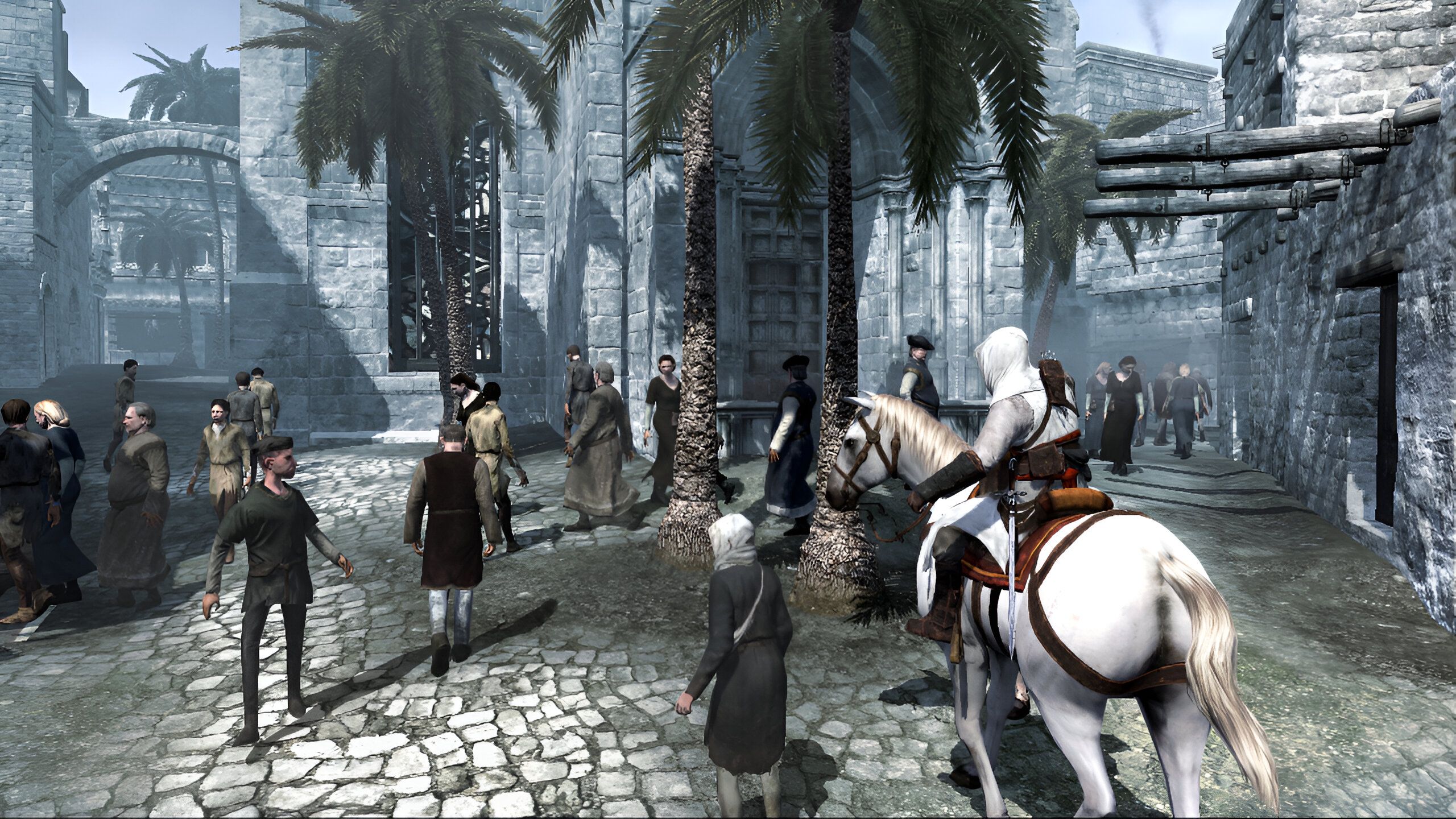 Altair sitting atop a white horse in Assassin's Creed.