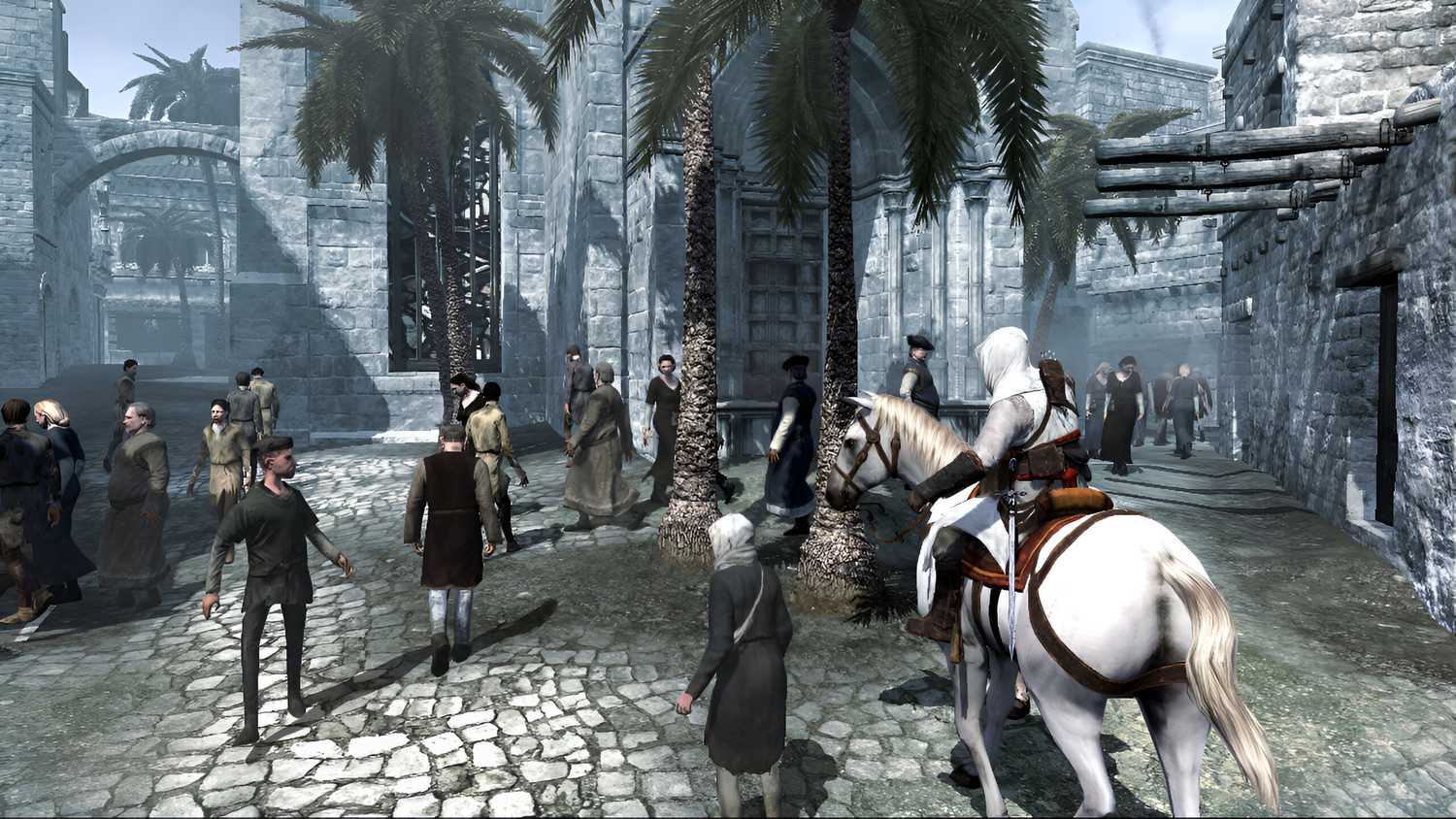Altair sitting atop a white horse in Assassin's Creed.