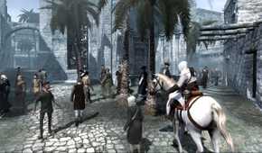 Altair sitting atop a white horse in Assassin's Creed.