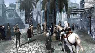 Altair sitting atop a white horse in Assassin's Creed.