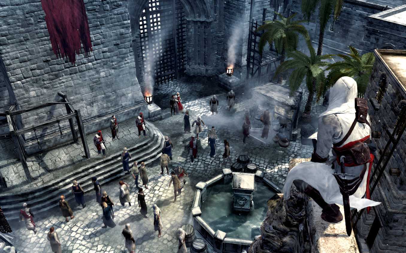 Altair perched atop a high ledge overlooking a fountain in Assassin's Creed.