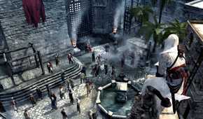 Altair perched atop a high ledge overlooking a fountain in Assassin's Creed.