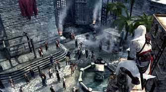 Altair perched atop a high ledge overlooking a fountain in Assassin's Creed.