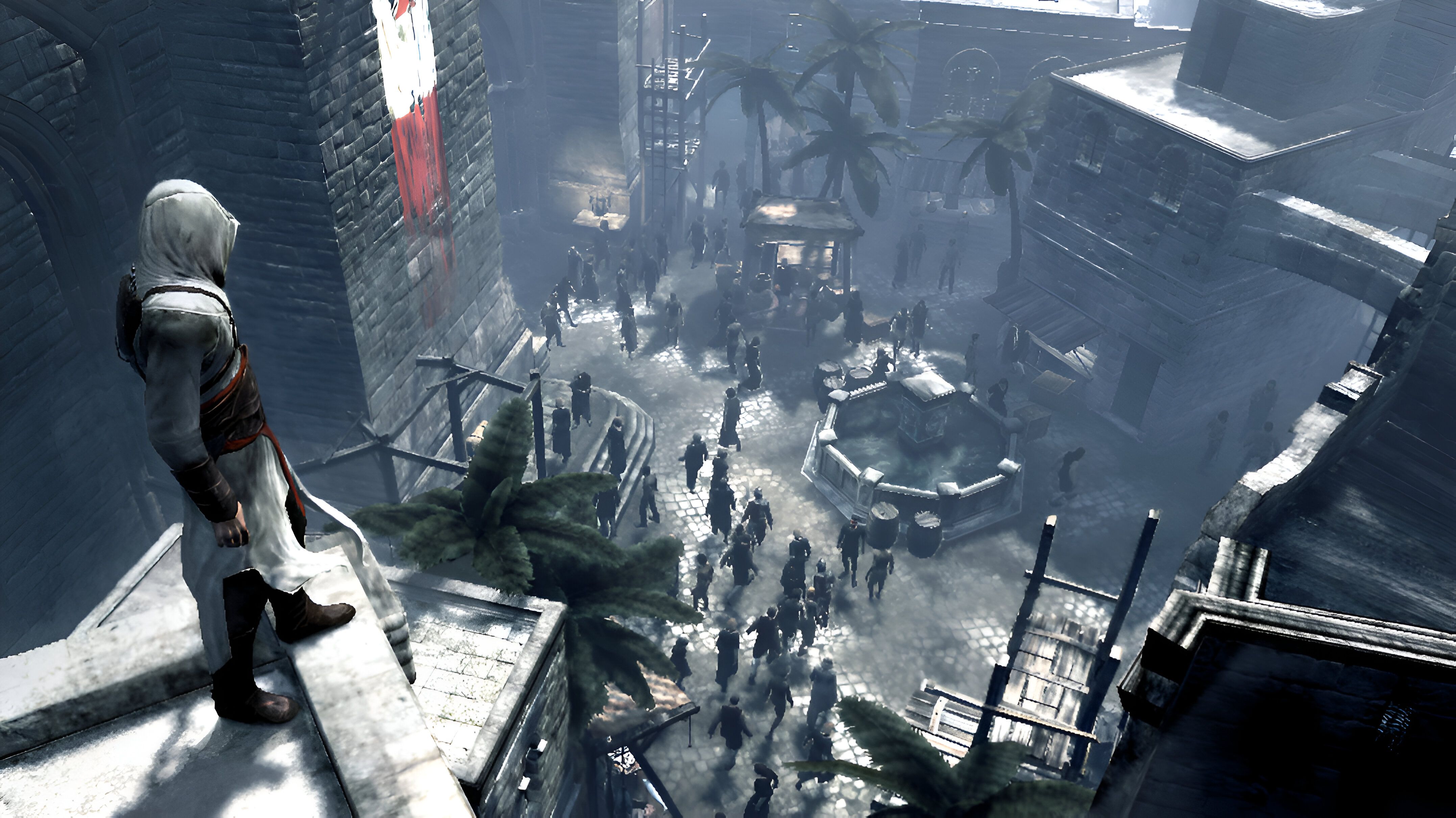 Altair watching the town square from a high ledge in Assassin's Creed.