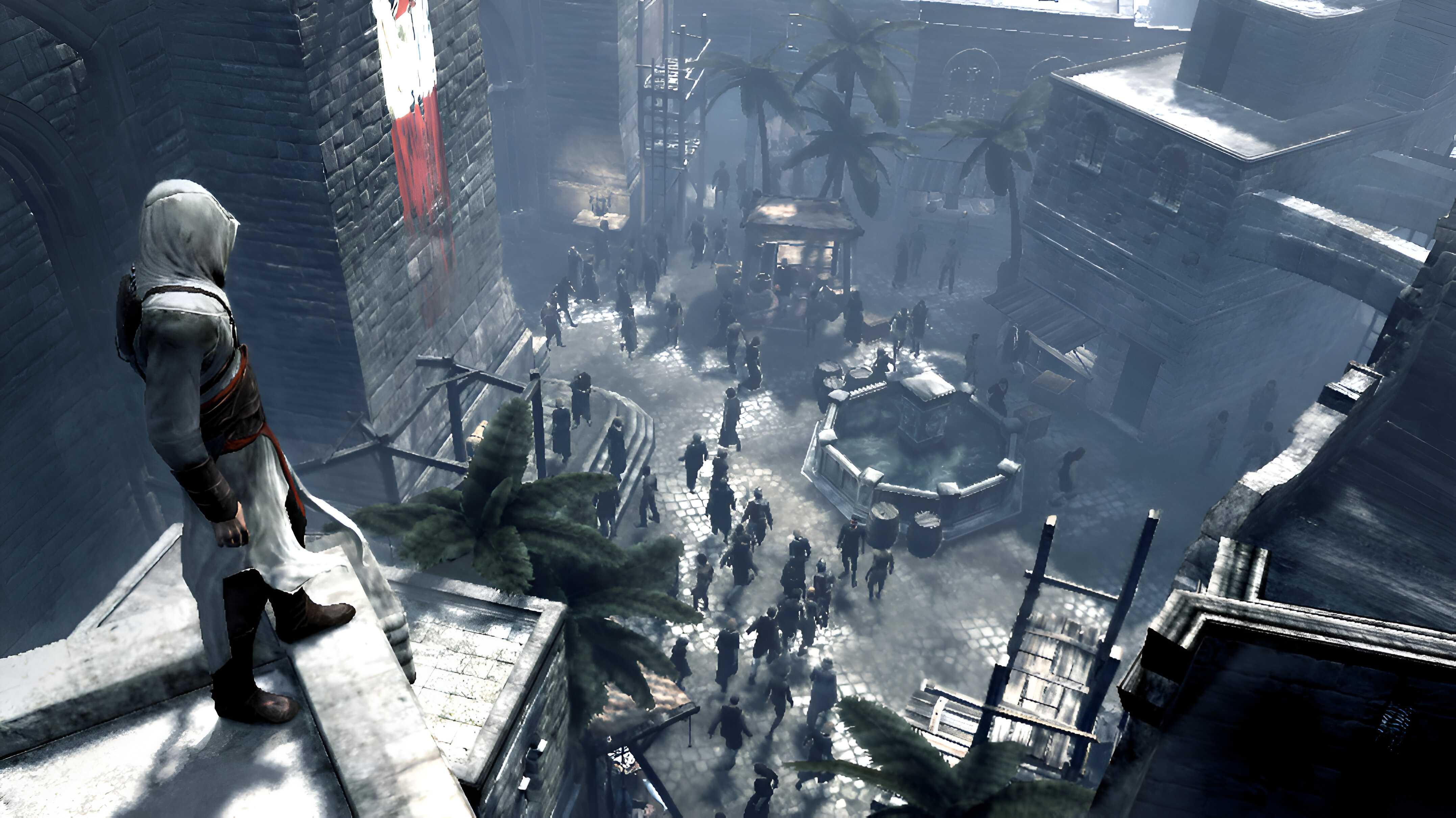 Altair watching the town square from a high ledge in Assassin's Creed.