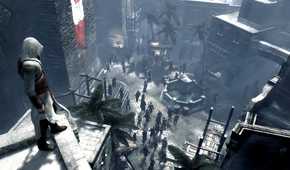 Altair watching the town square from a high ledge in Assassin's Creed.