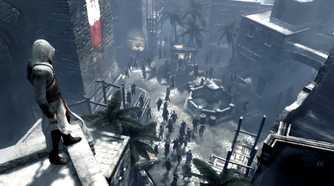 Altair watching the town square from a high ledge in Assassin's Creed.